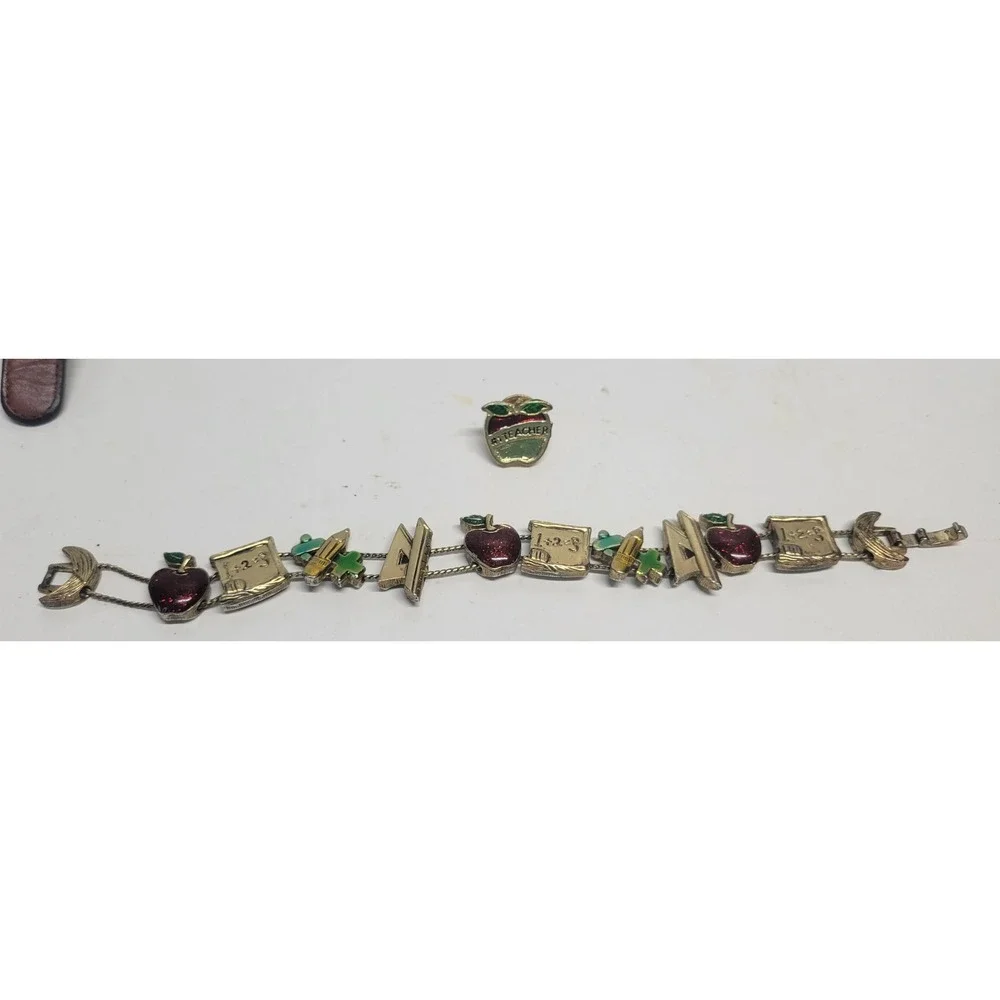 Vtg Teacher Themed Apple Math School Supplies Charm Bracelet & Pin Set Gold Tone